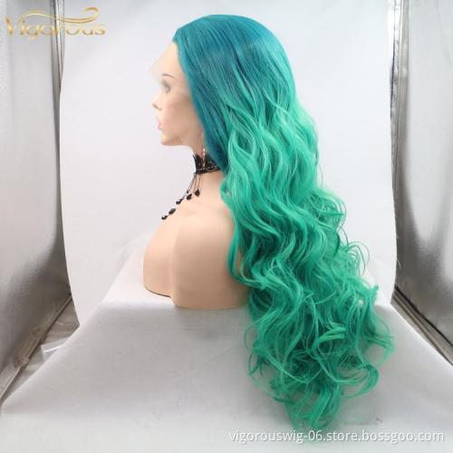 Vigorous ombre long premium high quality straight wave wholesale black women synthetic hair wigs with lace front
